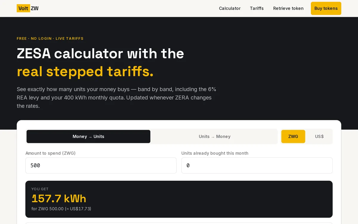 VoltZW — ZESA prepaid electricity calculator