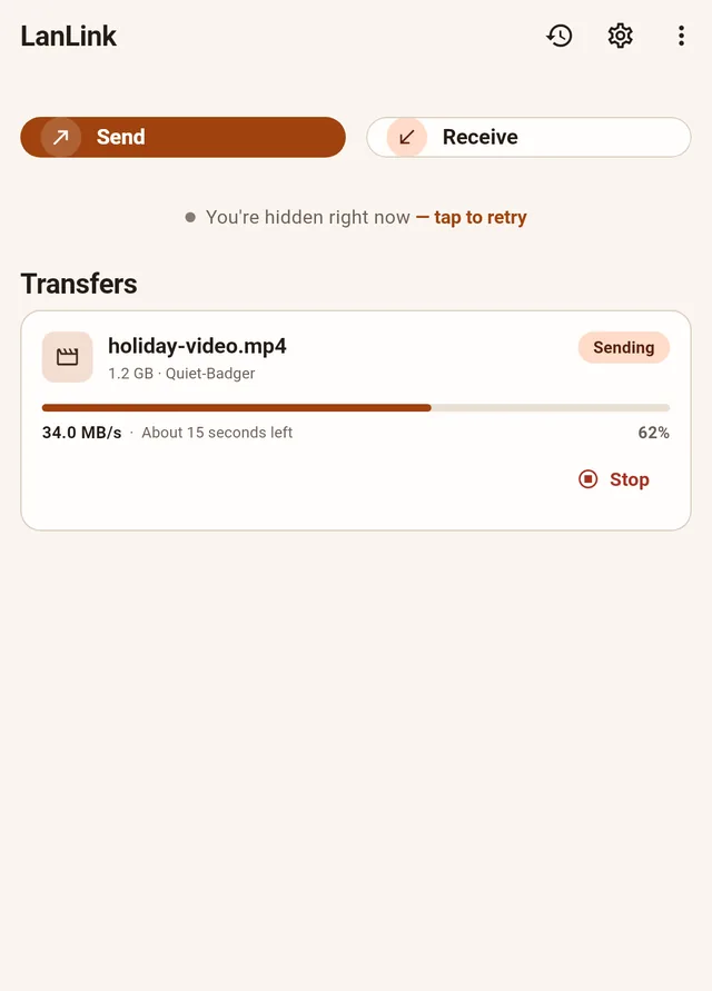 LanLink running in a desktop window — Send and Receive with a transfer in flight