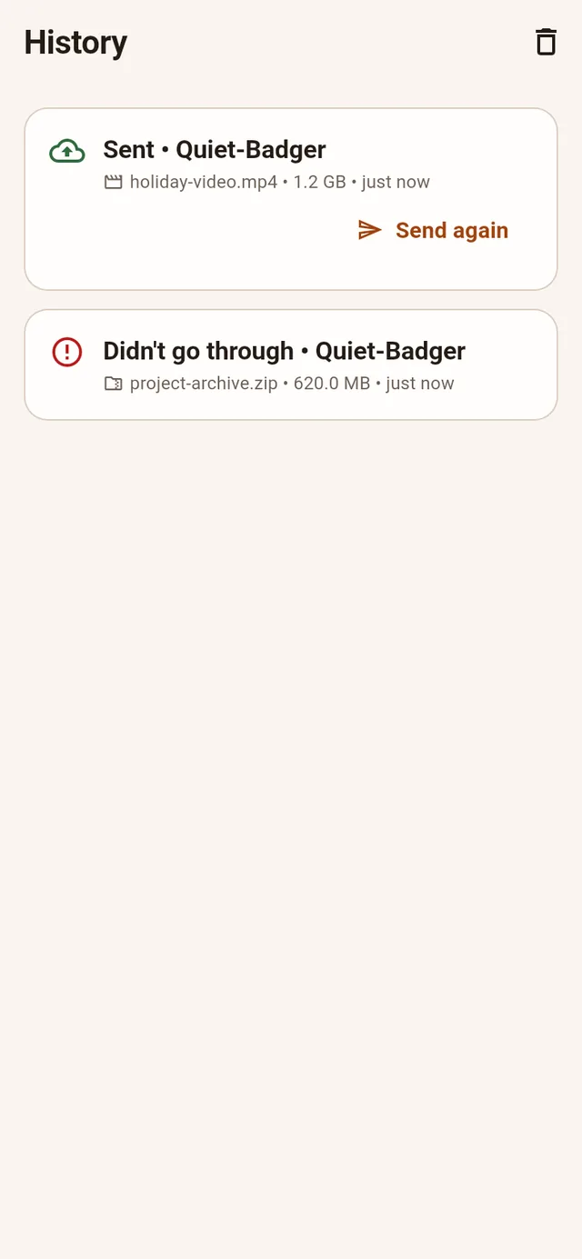 Transfer history with received files