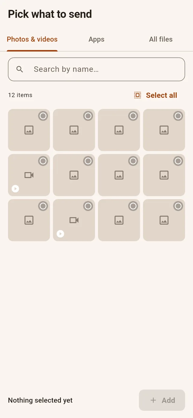 File picker with photo and video tabs