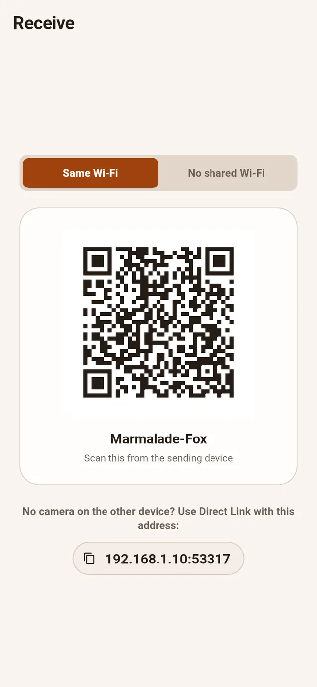 Receive screen showing an instant one-time QR code