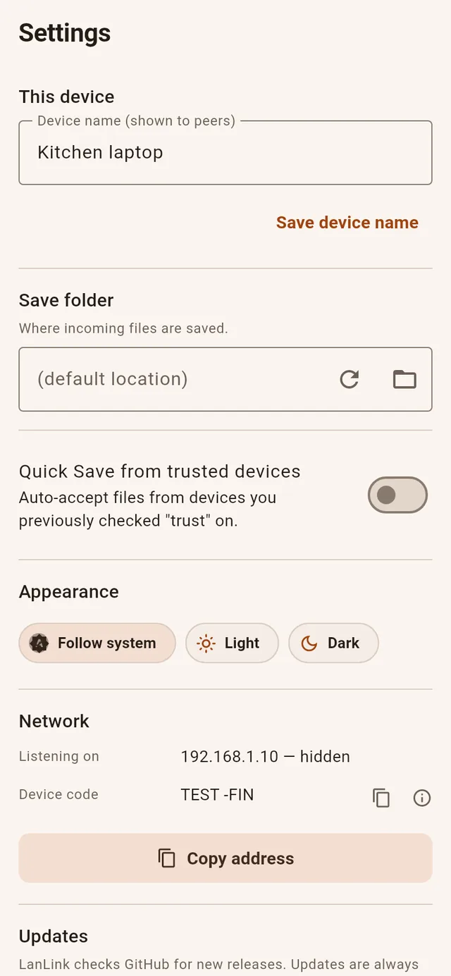 Settings with device name and short device code